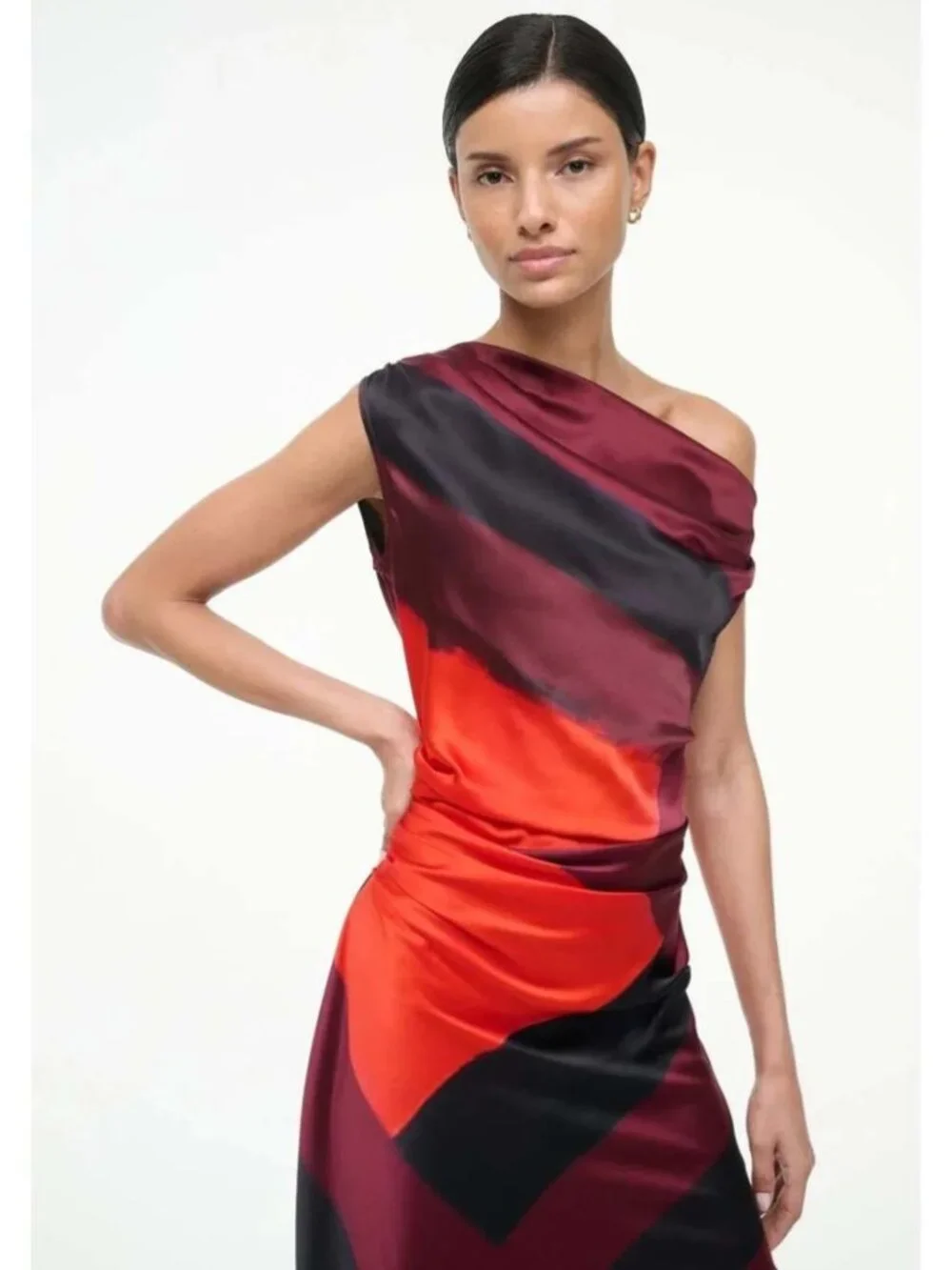 STAUD Phare One-Shoulder Silk Midi Dress Ruby Prism Size 6